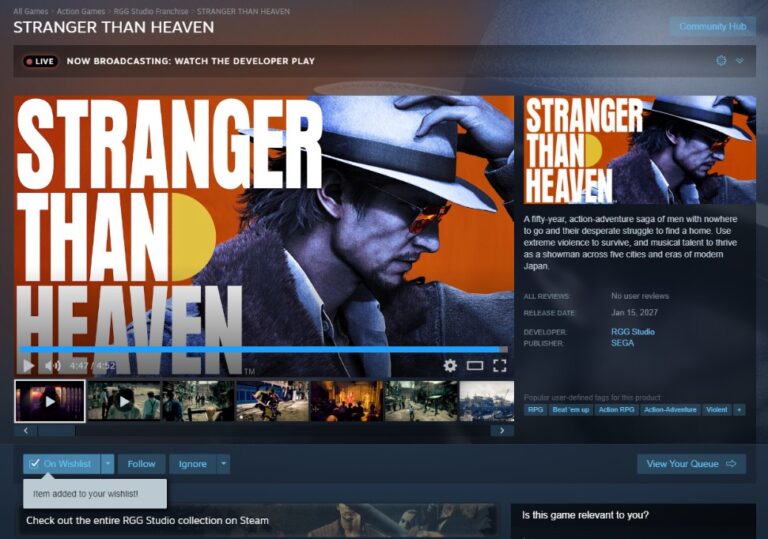 It seems people are excited about Stranger than Heaven as SEGA reports the title has been wishlisted over 1 million across all platforms